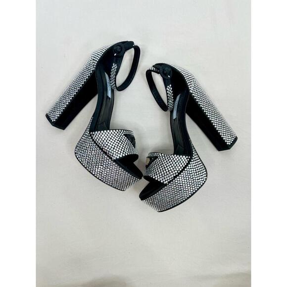 Prada Black Platform Rhinestone Block Heel Open Toe Ankle Strap Heels EU 37 FLAW - Picture 3 of 11